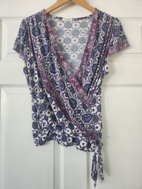 Loveapella Print Faux Wrap Top Violet- Women's XL
